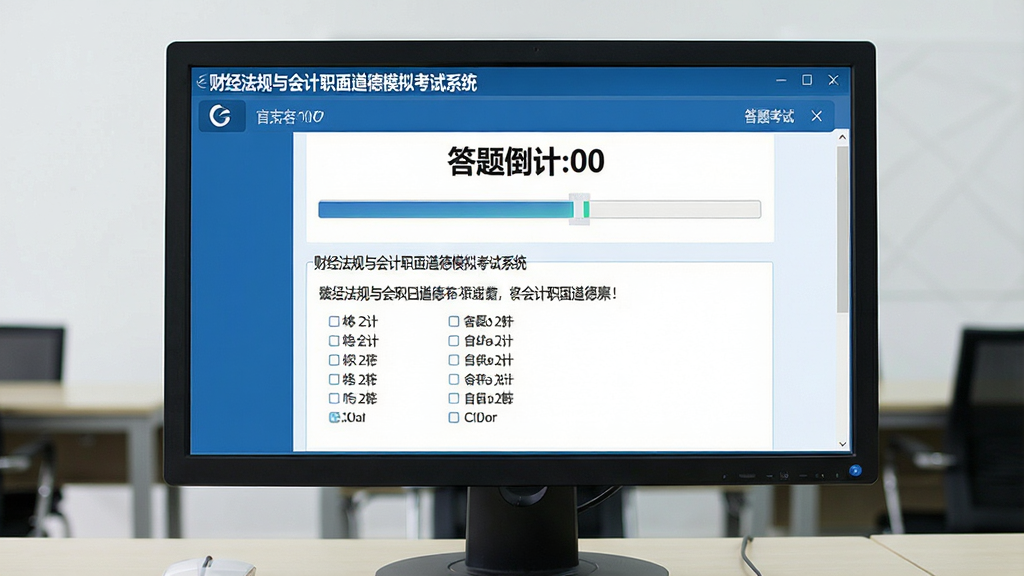 一张展示财经法规与会计职业道德模拟考试系统全真模拟考场界面的图片,画面中电脑屏幕上显示着考试倒计时、答题卡进度条和一道关于会计职业道德的多选题,界面风格与官方无纸化考试系统一致,标题栏写着“财经法规与会计职业道德模拟考试系统”,整体采用简洁的商务蓝配色,布局工整,文字清晰,画质为高清1080P,画面干净无杂物