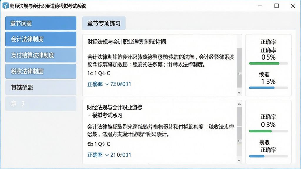 一张展示财经法规与会计职业道德模拟考试系统章节专项练习界面的图片,画面左侧是章节列表,包含会计法律制度、支付结算法律制度、税收法律制度等条目,右侧显示对应章节的练习题和正确率百分比,窗口标题为“财经法规与会计职业道德模拟考试系统”,整体布局为左右分栏,风格简洁明快,画质为高清1080P,无多余元素