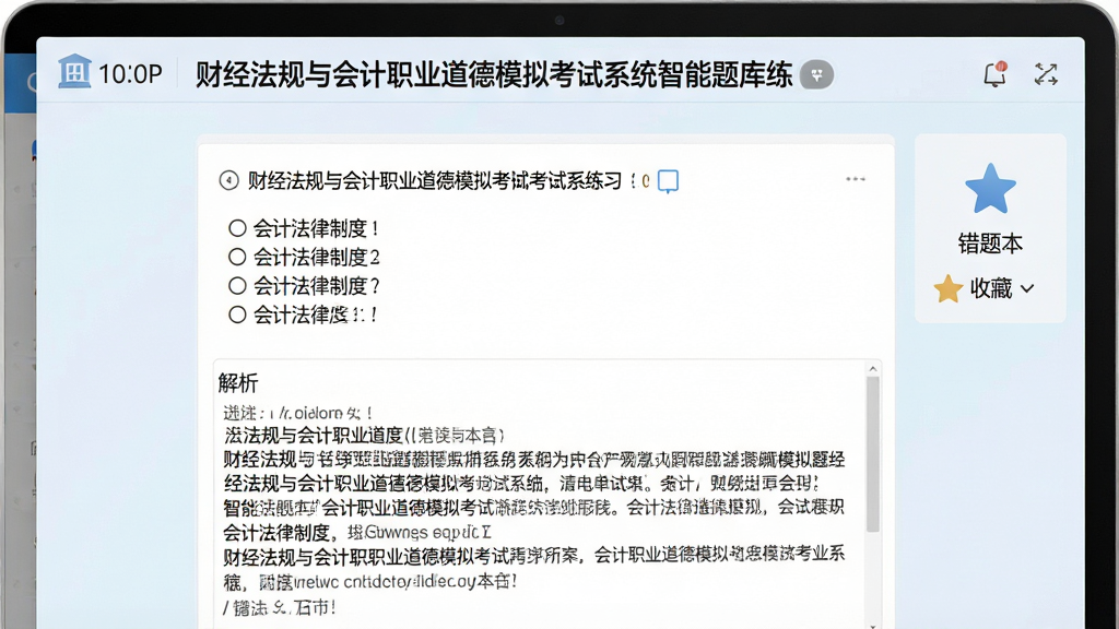 一张展示财经法规与会计职业道德模拟考试系统智能题库练习界面的图片,画面中央是一道关于会计法律制度的单选题,下方展开着详细的文字解析,右侧显示错题本和收藏夹图标,界面顶部有“财经法规与会计职业道德模拟考试系统”字样,整体排版清晰,采用柔和的浅色背景,文字锐利,画质为高清1080P,干净整洁