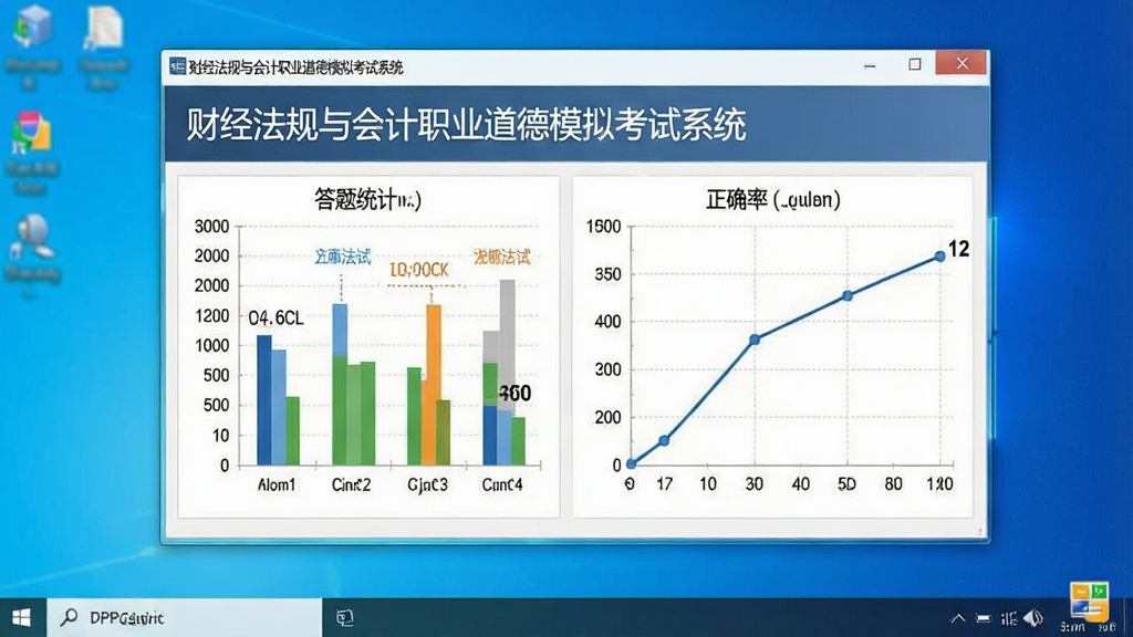 一张展示财经法规与会计职业道德模拟考试系统在Windows电脑上正常运行界面的图片,画面中软件窗口显示着答题统计图表和正确率曲线,窗口标题为“财经法规与会计职业道德模拟考试系统”,屏幕右下角有网络连接图标,整体画面为干净的桌面环境,画质为高清1080P,文字清晰,布局整齐,无多余元素