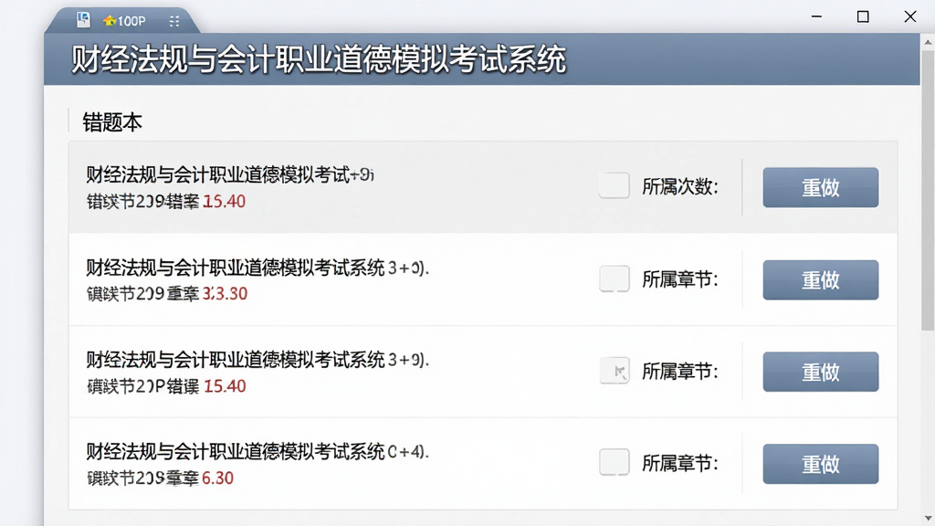 一张展示财经法规与会计职业道德模拟考试系统错题本界面的图片,画面中显示着错题列表,每道题旁边标注了错误次数和所属章节,右侧有“重做”按钮,顶部标题栏写着“财经法规与会计职业道德模拟考试系统”,界面配色以白色和浅灰色为主,文字清晰,排版整齐,画质为高清1080P,干净无干扰