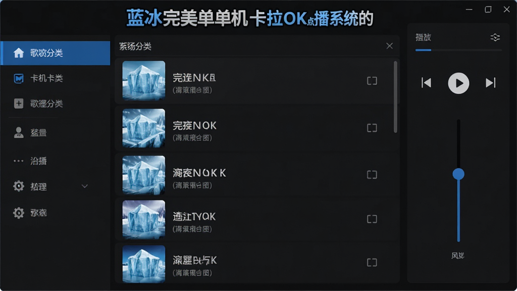 一张展示蓝冰完美单机卡拉OK点播系统软件界面的图片,界面采用深色主题,左侧是歌曲分类导航栏,中间是歌曲列表,右侧是播放控制区和麦克风音量调节滑块,界面顶部有蓝冰完美单机卡拉OK点播系统的文字标识,整体布局清晰,风格现代简约,画质清晰,干净,无多余元素