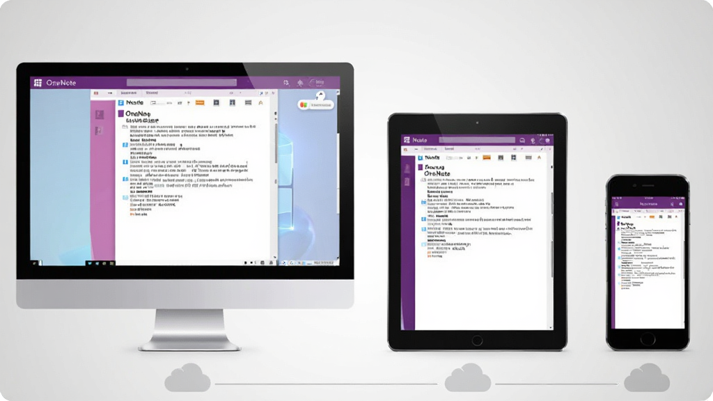 һ��չʾMicrosoft Office OneNote���豸ͬ������ĳ���ͼ�����������������豸���аڷţ������Windows̨ʽ����ʾ�����м���ƽ����ԣ��ұ��������ֻ���������Ļ�϶���ʾ��ͬһ��OneNoteҳ�����ݡ����ֲ���һ���ſ����豸�·���΢�����ƶ�ͼ�����ӡ��Ű���ǿ����Ļ���ݵ�һ���ԣ����Ϊ��Լ����磬ϸ�ڴ��豸�߿���ϸ��߹⣬����������������ǳ��ɫ���䣬�ɾ��޶���Ԫ�ء�