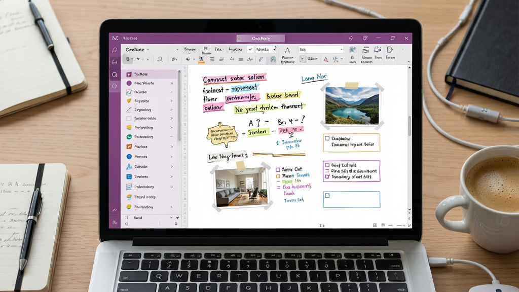 һ��չʾMicrosoft Office OneNote���������ȫ��ͼ�������Ǵ򿪵ıʼǱ�������Ļ����Ļ����ʾ�ŵ��͵�OneNote�������֣�����Ƿ����б����м������޻���ҳ�棬ҳ�����в�ɫ��д�ʼ���ͼƬ�ʹ�������򡣲��ֲ��þ��й�ͼ����Ļռ�ݻ������ģ������Ǽ���ľ���������Ű���ǿ����Ļ���ݵ������ɼ�����Χ��׺�ż���ʵ��ʼǱ���һ�����ȡ����Ϊ�ִ�дʵ�磬ϸ�ڴ�������Ļ������Ȼ��ͼ�����������ʴﵽ4K���𣬻���ɾ��޶���Ԫ�أ����������¡�