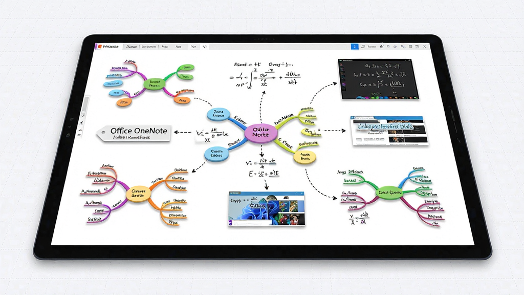 һ��չʾMicrosoft Office OneNote���޻������ܵ�ʾ��ͼ������������һ���޴�İ�ɫ���ֻ�����������ɢ���Ŷ����ɫ˼ά��ͼ�ڵ㡢��д��ʽ����ͼ����ҳ���ӱ�ǩ�����ֲ��ø����ӽǣ������������������죬��Ե���е����������ߡ��Ű��Ͻڵ�֮�����������ӣ����ƫ��Ƽ��кʹ���У�ϸ����ÿ���ڵ㶼����΢��������Ӱ������Ϊ������Ⱦͼ������ɾ����࣬�޶���װ�Ρ�