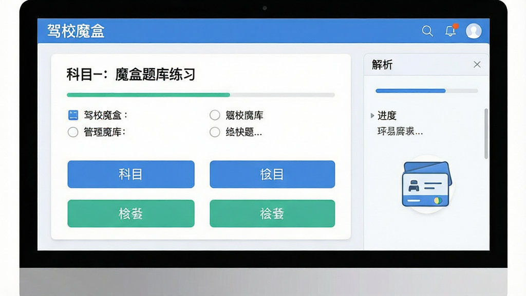 一张展示驾校魔盒题库练习界面的图片,画面主体为电脑屏幕显示科目一题目和选项,布局为上方题目区域、下方四个选项按钮、右侧解析面板,风格为清爽学习工具风,细节包括