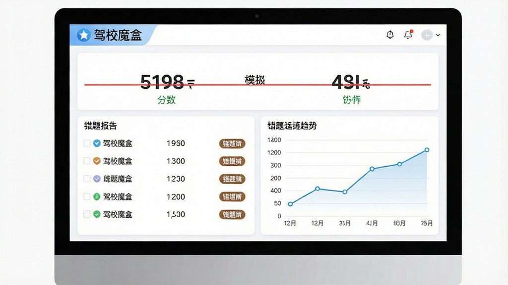 一张展示驾校魔盒模拟考试成绩分析界面的图片,画面主体为电脑屏幕显示成绩报告,布局为上方分数展示、下方错题列表和趋势折线图,风格为数据可视化教育风,细节包括