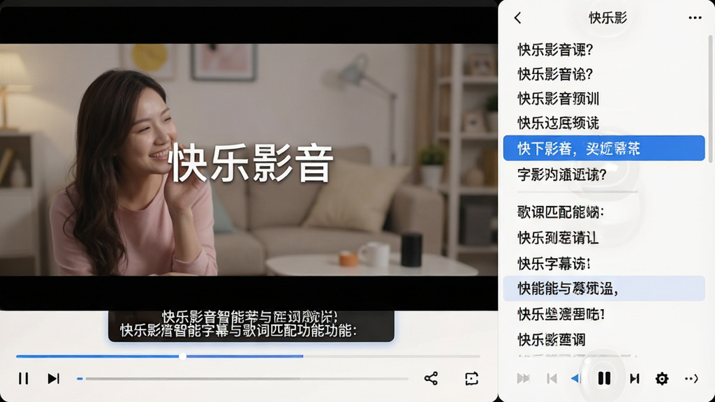 快乐影音智能字幕与歌词匹配功能展示,主体为视频播放画面下方叠加字幕条,旁边显示歌词滚动面板,布局为左右分栏,左侧视频画面,右侧歌词列表,排版整齐,风格为现代播放器界面,细节包含半透明黑色字幕背景、白色字幕文字、蓝色高亮当前歌词行,画质高清,干净无多余元素,画面中显示文字