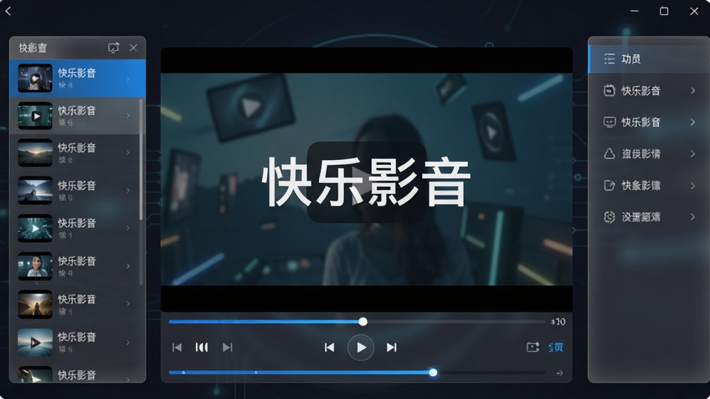 快乐影音软件主界面展示,主体为居中大尺寸视频播放窗口,下方排列播放控制按钮和进度条,左侧为播放列表区域,右侧为功能菜单栏,布局清晰合理,排版对称工整,风格为现代简约科技风,细节包含半透明毛玻璃面板、蓝色高亮进度条、深色背景衬托,画质高清,画面干净,无多余元素,屏幕中央显示文字