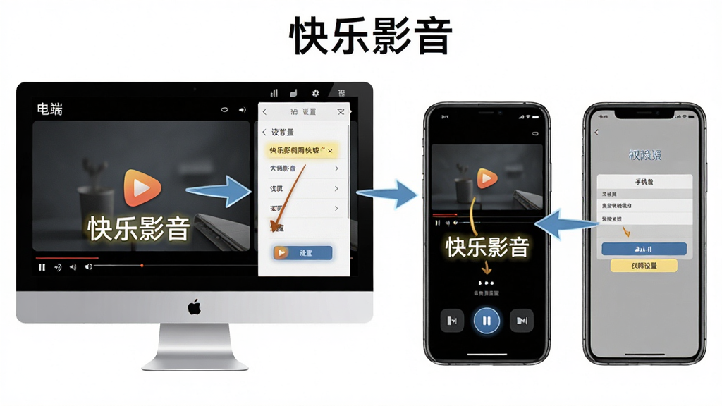 快乐影音使用指南示意图,主体为电脑屏幕和手机屏幕并排展示,布局为左右对比,左侧显示电脑端播放界面与设置菜单,右侧显示手机端播放界面与权限设置页,排版整齐对称,风格为教程说明图,细节包含箭头指引、高亮标注关键按钮、文字说明框,画质高清,干净整洁,无多余元素,画面中显示文字
