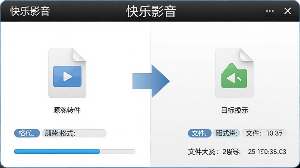 快乐影音格式转换与文件处理功能展示,主体为文件转换进度界面,显示源文件与目标格式图标,布局为左右对照排列,中间为转换箭头,排版清晰,风格为简洁工具型界面,细节包含进度条、格式标签、文件大小信息,画质高清,干净无多余元素,画面中显示文字