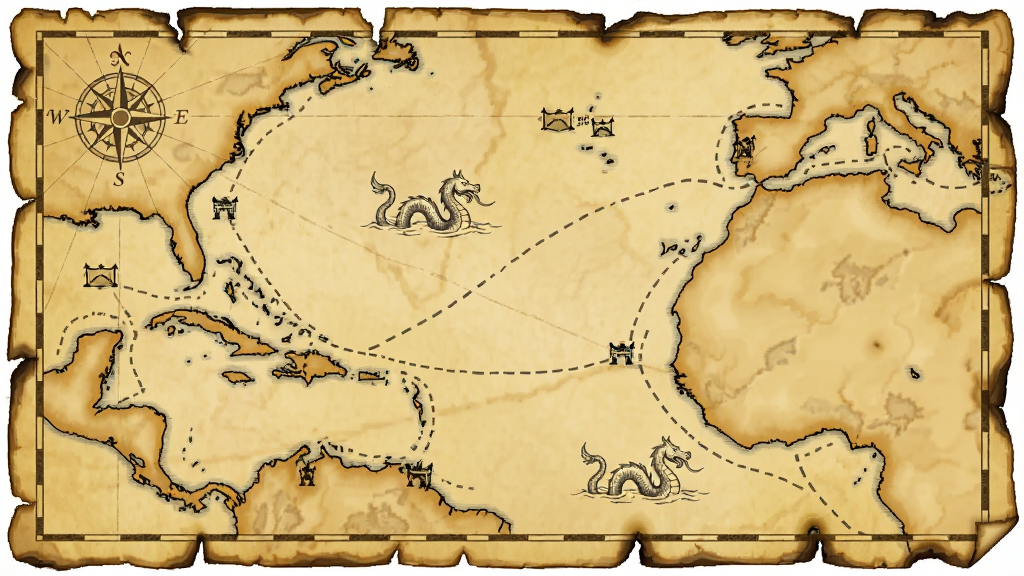 Pirate Assault: Ship Defense 世界地图界面,画面主体为一张泛黄羊皮纸风格的海图,上面标注加勒比海、地中海、北海三个区域,每个区域有若干小岛图标与虚线航线,布局为横向展开,风格为复古航海图,细节包括罗盘玫瑰、海怪插画、破损边缘,画质清晰,干净,无多余元素