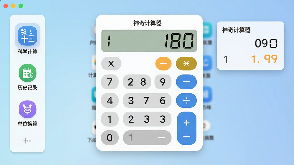 软件主界面全景展示,中央为“神奇计算器”标准计算面板,左侧竖排功能导航栏包含科学计算、历史记录、单位换算图标,右侧悬浮小窗显示计算结果,背景为浅蓝色渐变桌面环境,界面风格简洁现代,按钮圆角设计,数字与运算符清晰醒目,整体画质干净清晰,无多余装饰元素