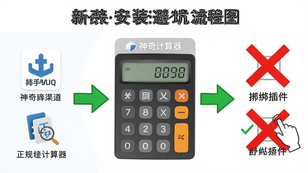 新手安装避坑流程图,画面以“神奇计算器”安装界面为核心,左侧展示正规下载渠道标识,右侧用红色叉号标注捆绑插件勾选项,中间用绿色箭头引导用户点击自定义安装,整体采用信息图风格,布局清晰分步,色彩对比鲜明,画质干净整洁