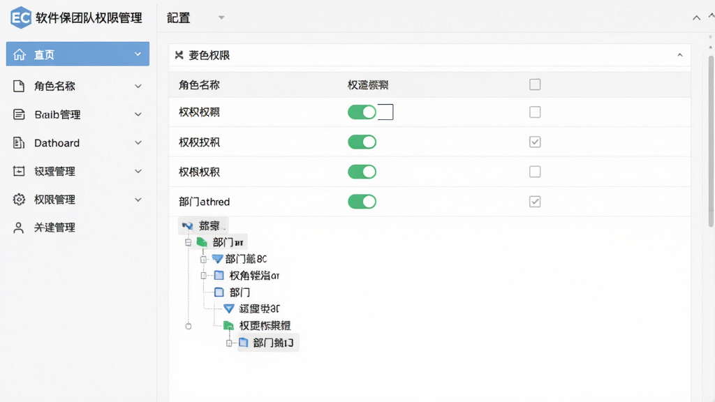 EC软件团队权限管理设置界面,主体为软件后台配置页面,布局为左侧菜单右侧权限勾选列表,排版规整,风格为浅色系办公软件界面,细节包含角色名称、权限开关、部门树状图,画质高清,画面干净,无多余元素