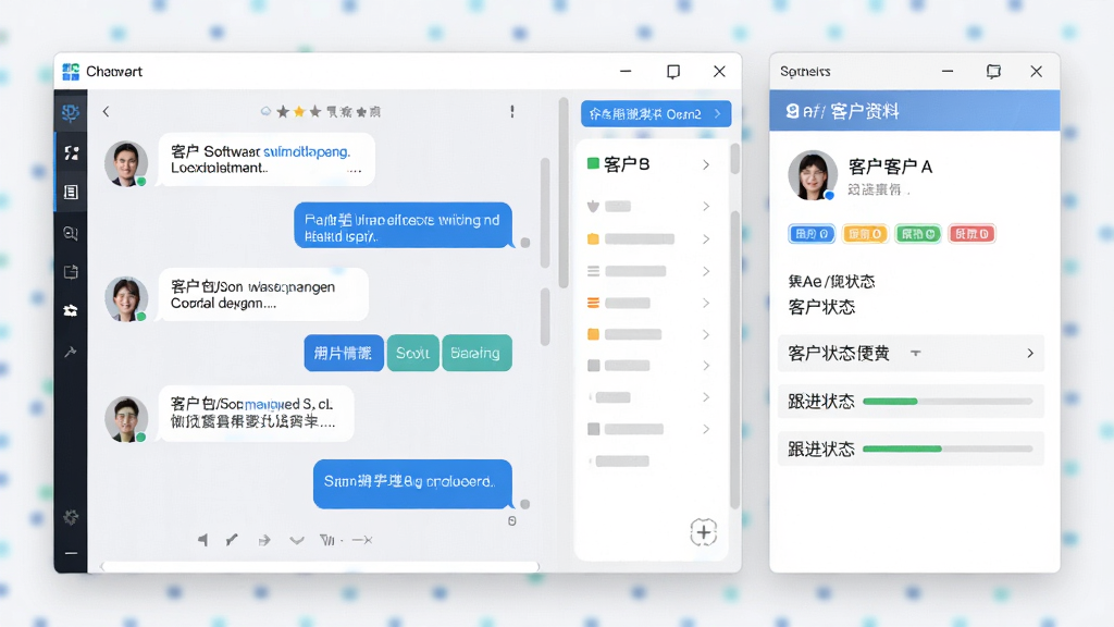 EC软件聊天界面与客户资料面板并排展示,主体为软件窗口截图风格,布局左聊天右资料,排版清晰分明,风格为简洁商务科技感,细节包含对话气泡、客户头像、标签色块、跟进状态条,画质高清,画面干净,无多余元素