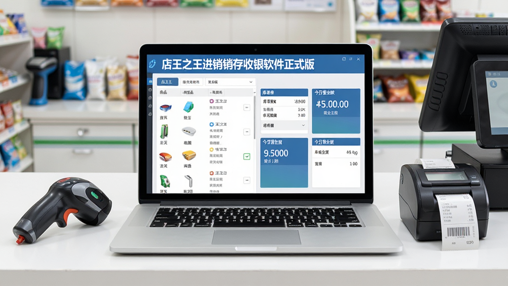 软件全貌展示图,画面中央是一台打开的笔记本电脑,屏幕上显示