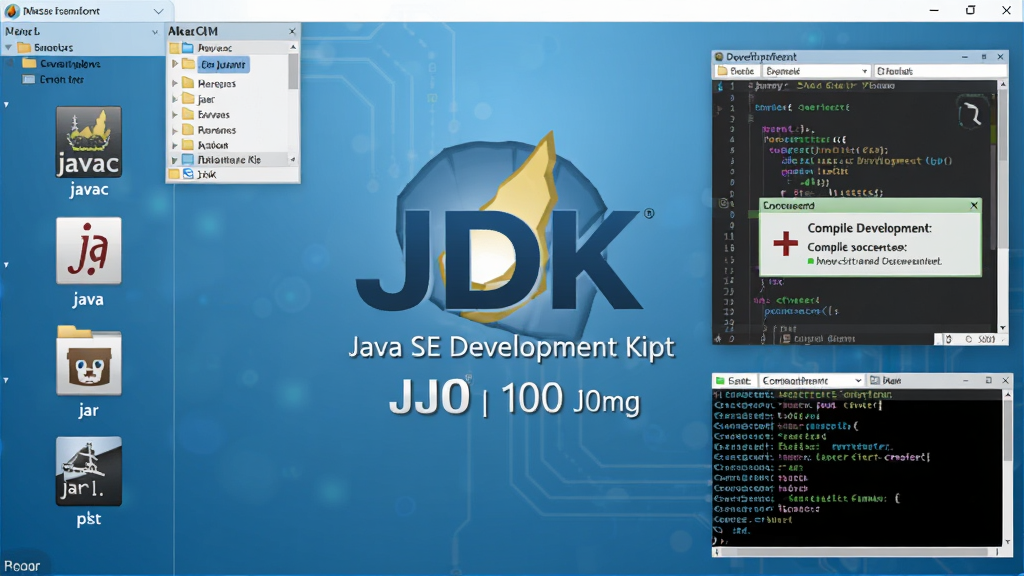 Java SE Development Kit ��JDK������������չʾ������������JDK�ٷ���־��汾����Ϣ������Ϊ���ĿƼ�������ɫ�������������javac��java��jar�Ⱥ��������й���ͼ�꣬�Ҳ�չʾ����༭�����������ɹ���ʾ�����岼���������򣬷��רҵ�Ͻ���ϸ���ϰ����ļ���Ŀ¼�ṹ���ն������н��棬�����������ɾ����࣬�޶���Ԫ��