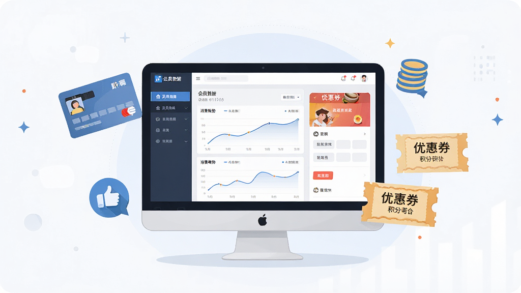 一张展示云餐饮外卖网会员管理与营销工具功能的图片,画面中央是电脑屏幕,屏幕上显示会员数据看板和优惠券设置页面,屏幕旁边有会员卡和积分兑换图标漂浮,布局采用居中环绕排版,风格为现代商务扁平插画,细节包括会员等级标签、消费趋势折线图和优惠券样式,画质高清,干净,无多余元素。
