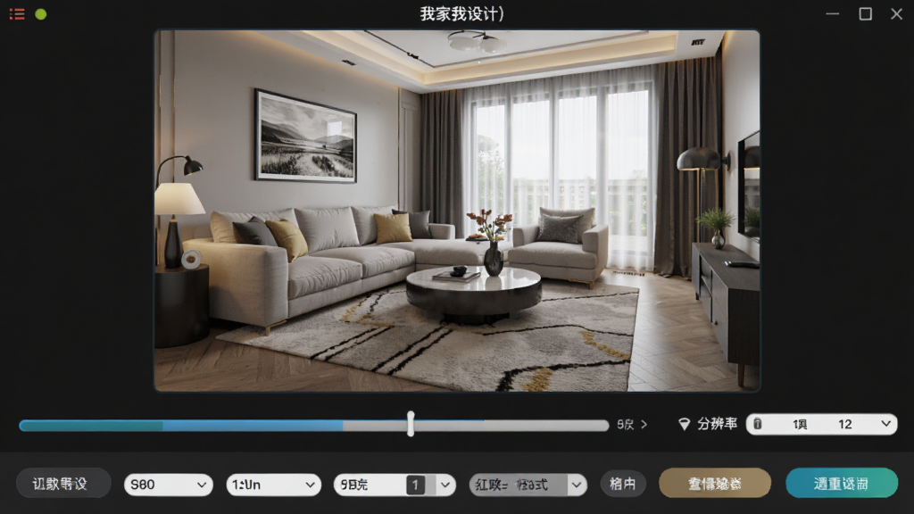 圆方家居设计(我家我设计)软件效果图输出界面,画面主体为一张正在渲染的客厅效果图预览,下方显示渲染进度条和分辨率选项,布局为居中预览、底部操作栏,风格为图像导出工具界面,细节包含渲染参数、格式选择按钮,画质高清,干净,无多余元素。