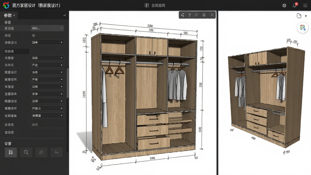 圆方家居设计(我家我设计)软件中全屋定制柜体设计功能界面,画面主体为一个正在编辑的衣柜内部结构图,显示隔板、挂衣杆、抽屉等组件,布局左侧为参数设置面板,右侧为三维预览窗口,风格为参数化设计工具界面,细节包含尺寸标注、板材纹理,画质高清,干净,无多余元素。