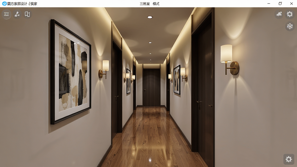 圆方家居设计(我家我设计)软件三维漫游模式的界面,画面主体为室内走廊视角,两侧墙面有装饰画与壁灯,地面为木地板,天花板有筒灯,布局采用第一人称视角,风格为写实渲染效果,细节包含光影投射、材质反射,画质高清,干净,无多余元素。