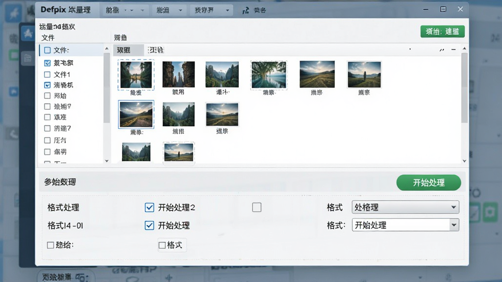一张Defpix批量处理功能的示意图,主体为软件批量处理界面,布局为上方文件列表与下方参数设置区,排版整齐,风格为清爽办公风,细节包含多张图片缩略图、勾选框、开始处理按钮、格式选择下拉菜单,画质清晰,画面干净,无多余元素