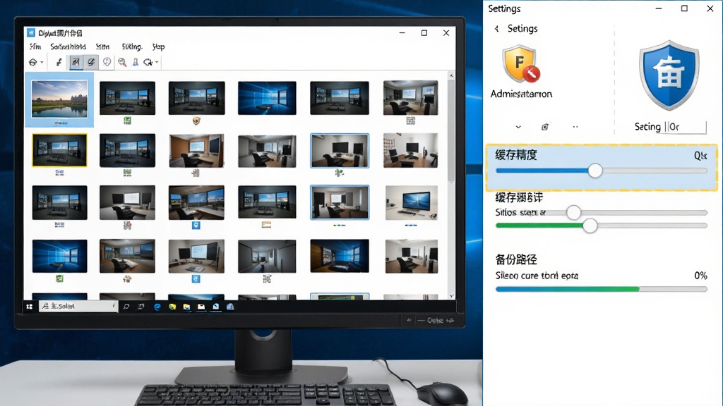 画面展示数码照片伴侣软件在Windows电脑上的使用经验技巧场景,屏幕上同时打开主界面与设置面板,设置面板中高亮显示缓存精度调节滑块与备份路径选项。布局为左右分栏,左侧为主界面缩略图网格,右侧为设置面板,风格为现代办公软件风格,细节包括管理员权限图标、备份盾牌标志、进度条,画质清晰,画面干净,无多余元素。