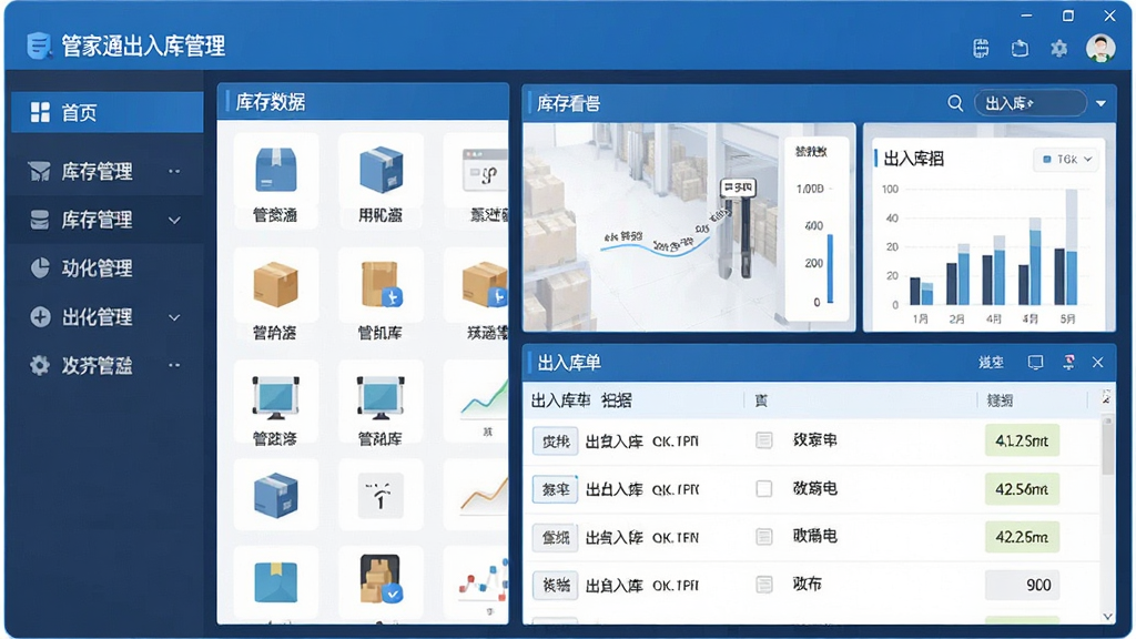 软件主界面整体展示,画面中央为“管家通出入库管理”软件运行窗口,左侧为功能导航栏,右侧为库存数据看板与出入库单据列表,界面干净整洁,商务蓝色调,布局清晰,排版规整,扁平化设计风格,细节包含商品图标、数字报表、图表元素,4K画质,干净无多余元素