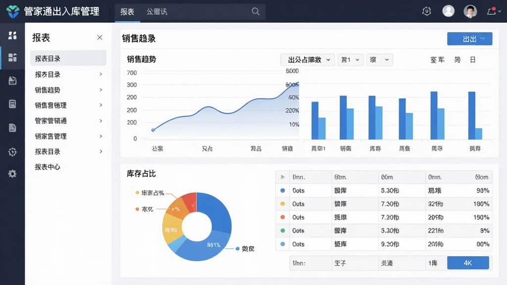 AI生图,画面主体为“管家通出入库管理”软件的报表中心界面,布局为左侧报表目录、右侧柱状图与数据表格,排版规整,风格为清爽商务风,细节包含销售趋势曲线、库存占比饼图与导出按钮,4K画质,干净无多余元素