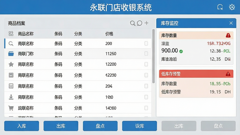 一张永联门店收银系统商品与库存管理界面的展示图,画面分为左右两部分,左侧为商品档案列表显示商品名称、条码、分类、价格等信息,右侧为库存监控面板显示库存数量与低库存预警标识,界面底部有入库、出库、盘点等操作按钮,顶部标注“永联门店收银系统”文字,整体采用浅灰色与蓝色搭配的商务风格,画质高清,布局清晰,无多余元素