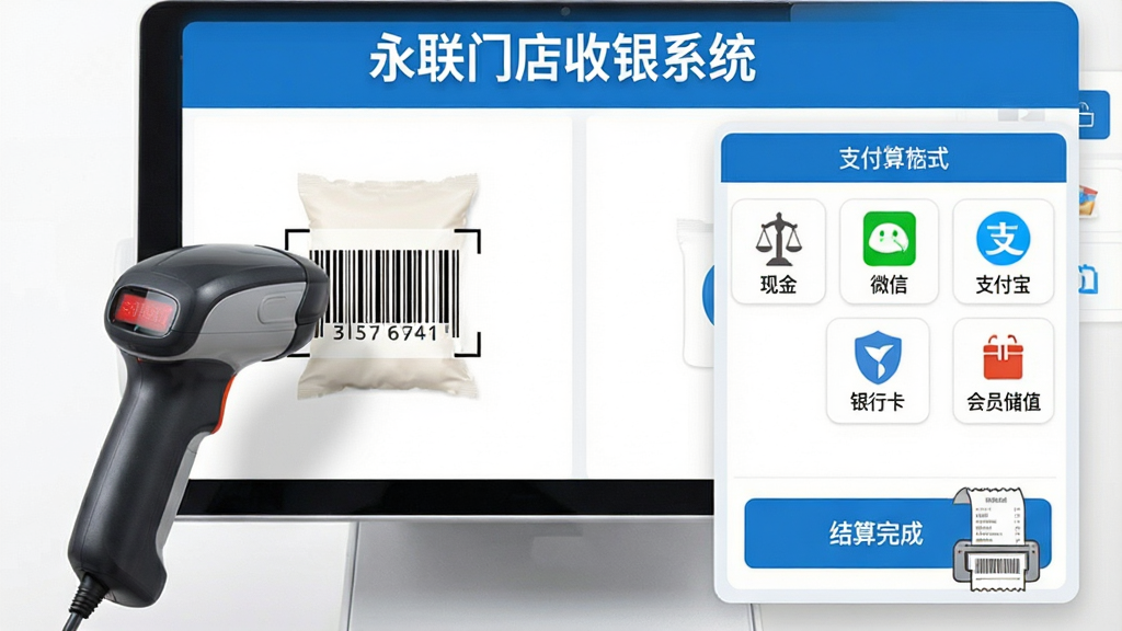 一张永联门店收银系统收银结算界面的功能展示图,画面中央为收银操作台,左侧展示扫码枪正在扫描商品条码,右侧显示支付方式选择面板包含现金、微信、支付宝、银行卡、会员储值等图标,底部有“结算完成”按钮与小票打印动画,界面顶部标注“永联门店收银系统”文字,整体风格简洁明快,蓝白配色,画质清晰,布局规整,无多余元素