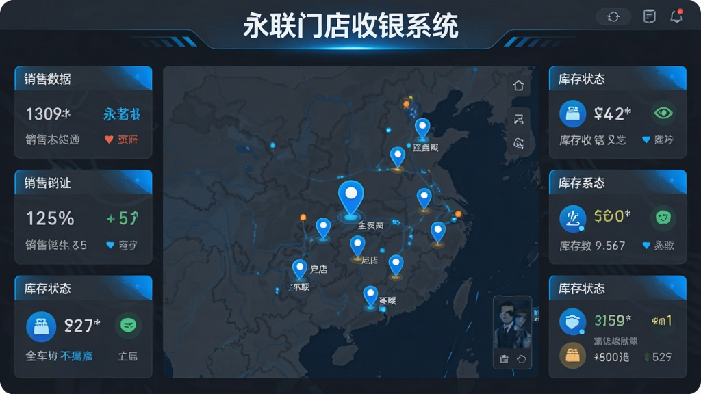 一张永联门店收银系统多门店连锁管理界面的展示图,画面中央为门店分布地图显示多个门店位置标记,周围环绕各门店销售数据卡片与库存状态图标,界面顶部标注“永联门店收银系统”文字,整体风格现代科技感,采用深灰与亮蓝配色,画质清晰,布局层次分明,无多余元素