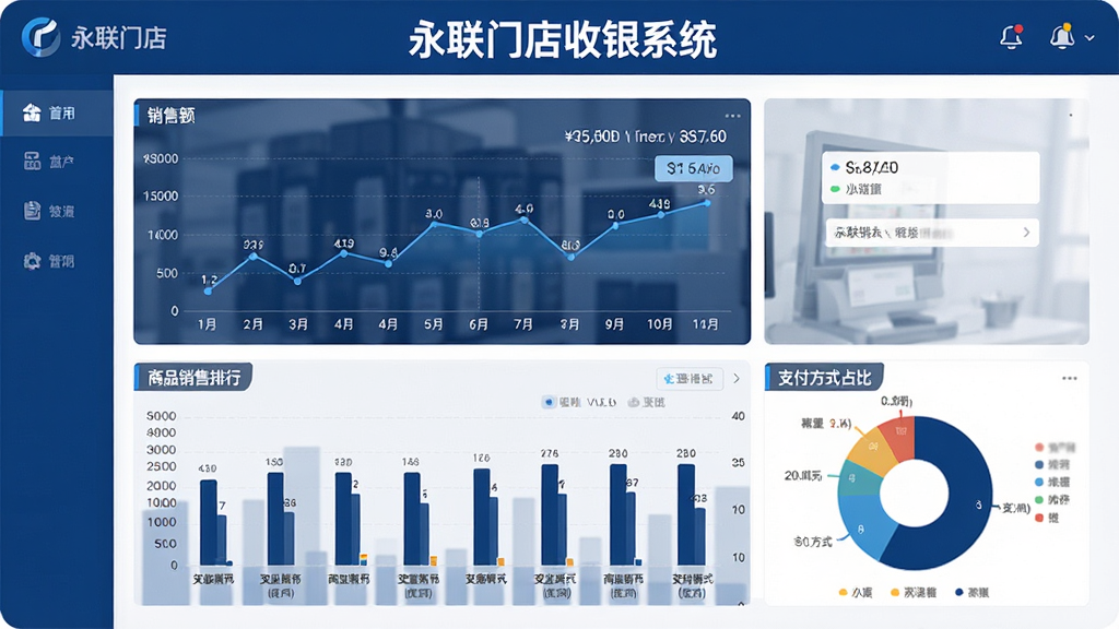 一张永联门店收银系统经营数据报表界面的展示图,画面中央为数据看板,显示销售额折线图、商品销售排行柱状图、支付方式占比饼图等图表,界面顶部标注“永联门店收银系统”文字,整体采用深蓝色与白色搭配的专业商务风格,画质高清,数据图表清晰,布局规整,无多余元素