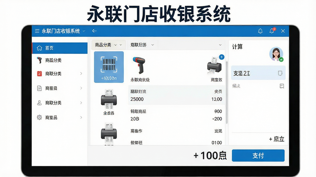 一张展示永联门店收银系统软件界面的预览图,画面中央是收银结算主界面,左侧为商品分类导航栏,右侧为商品列表与结算区域,底部显示合计金额与支付按钮,界面上方标注“永联门店收银系统”文字,整体布局清晰整洁,采用蓝色与白色为主的商务风格,细节包括扫码枪图标、小票打印机图标、会员头像等元素,画质高清,画面干净,无多余元素