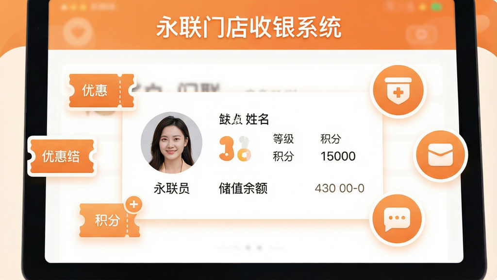 一张永联门店收银系统会员管理界面的功能展示图,画面中央为会员信息卡片显示会员头像、姓名、等级、积分、储值余额等信息,周围环绕优惠券图标、积分图标、短信通知图标等元素,界面顶部标注“永联门店收银系统”文字,整体风格温馨柔和,采用橙色与白色搭配,画质清晰,布局美观,无多余元素