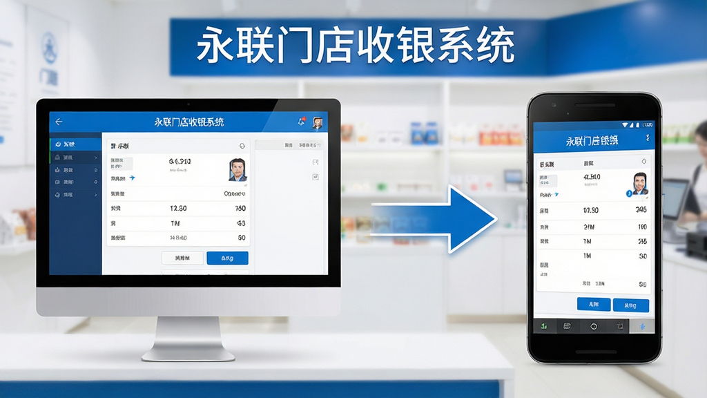 一张展示永联门店收银系统在电脑端和移动端同时运行的场景图,画面左侧为电脑显示器显示收银界面,右侧为安卓手机显示移动端收银界面,中间有数据同步箭头连接,背景为简洁的店铺环境,界面顶部标注“永联门店收银系统”文字,整体风格现代商务,蓝白配色,画质清晰,布局对称,无多余元素