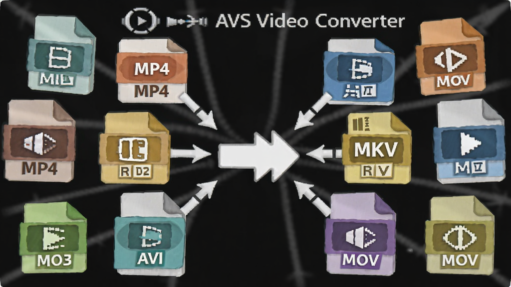 一张展示 AVS Video Converter 进行多格式转换的示意图,主体为多个视频文件图标向一个中心转换箭头汇聚,布局采用中心放射状构图,排版突出格式多样性,风格为扁平化信息图,细节包括 MP4、AVI、MKV、MOV 等格式标识,画质清晰,干净,无多余元素