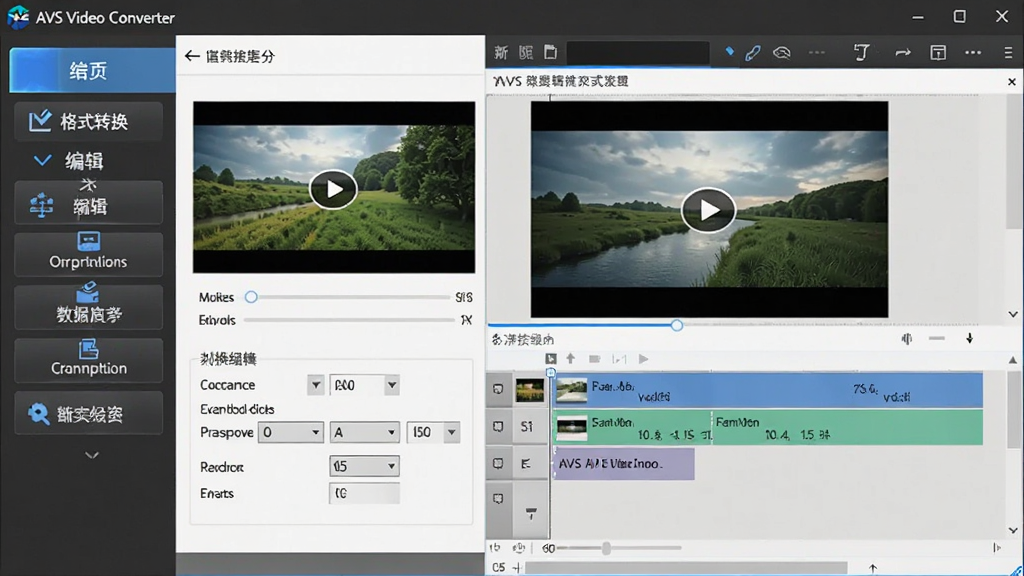 一张展示 AVS Video Converter 软件主界面的图片,主体为软件窗口,布局采用左右分栏设计,左侧为功能导航区,右侧为视频预览与编辑轨道区,排版清晰展示格式转换、编辑、刻录等核心功能按钮,风格为现代科技感UI设计,细节包括视频缩略图、进度条、参数设置面板,画质高清,干净,无多余元素