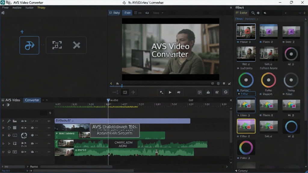 一张展示 AVS Video Converter 视频编辑功能的图片,主体为软件编辑界面,布局显示时间轴、预览窗口和特效面板,排版突出剪辑、水印、字幕功能,风格为软件截图风格,细节包括视频轨道、文字叠加层、滤镜缩略图,画质高清,干净,无多余元素
