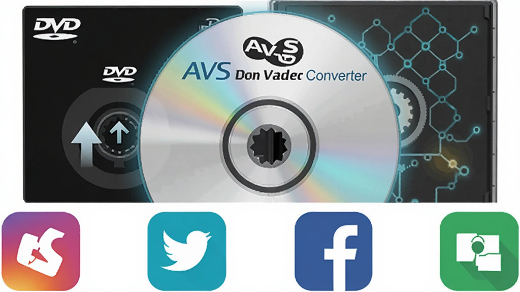 一张展示 AVS Video Converter 光盘刻录与在线分享功能的图片,主体为一张发光的光盘和多个社交平台图标,布局采用上下结构,上方为光盘刻录示意图,下方为分享图标,排版简洁明了,风格为科技感插画,细节包括 DVD 标志、上传箭头、平台 Logo,画质高清,干净,无多余元素