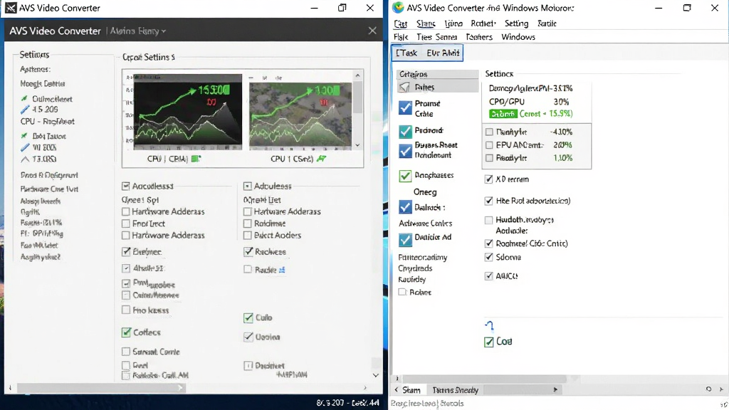 一张展示 AVS Video Converter 在 Windows 电脑上运行时的性能监控与设置界面图片,主体为软件设置面板与任务管理器并排,布局左右对比,排版突出硬件加速开启状态,风格为实用教程截图,细节包括 CPU/GPU 占用率、加速选项勾选框,画质清晰,干净,无多余元素