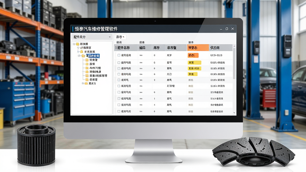 恒泰汽车维修管理软件配件库存界面,画面中一台台式电脑显示器上展示配件库存管理模块,左侧是配件分类树,右侧是库存列表,包含配件名称、编码、库存数量、预警状态和供应商信息,屏幕旁边放着汽车滤芯和刹车片实物,背景是汽修店仓库货架,布局整齐,细节清晰,商务风格,画质干净,无多余元素