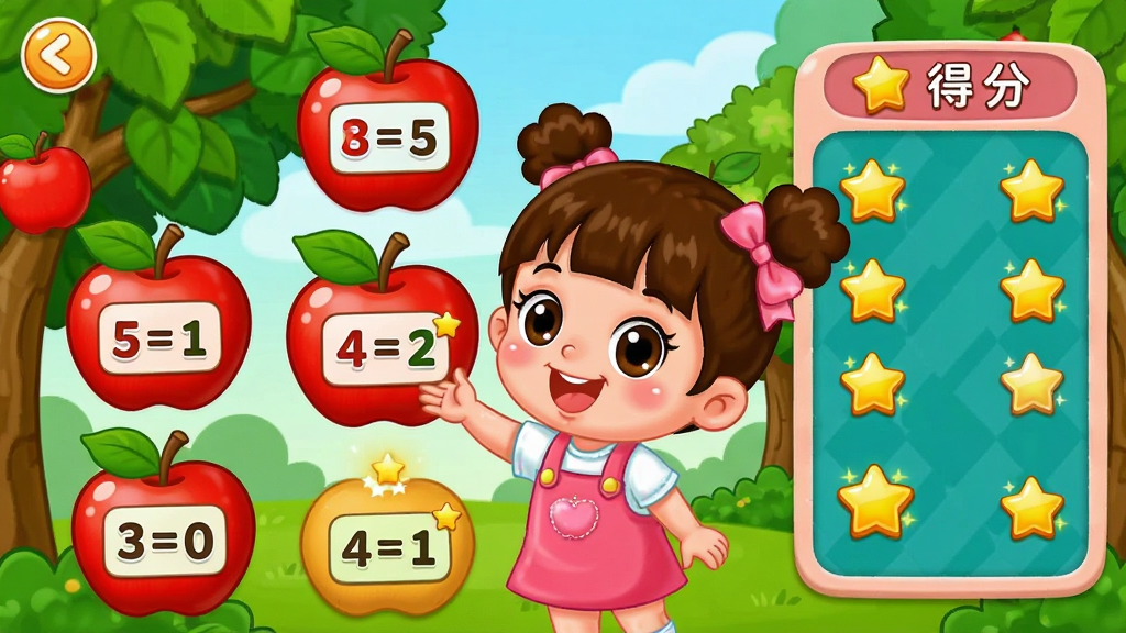 妞妞做数学趣味互动游戏界面,主体为卡通妞妞在果园里摘苹果,每个苹果上写有算术题,布局为左侧游戏区右侧得分板,排版活泼生动,风格为明亮卡通儿童风,细节包括红苹果绿树叶、数字答案框、星星奖励动画,画质高清干净无多余元素