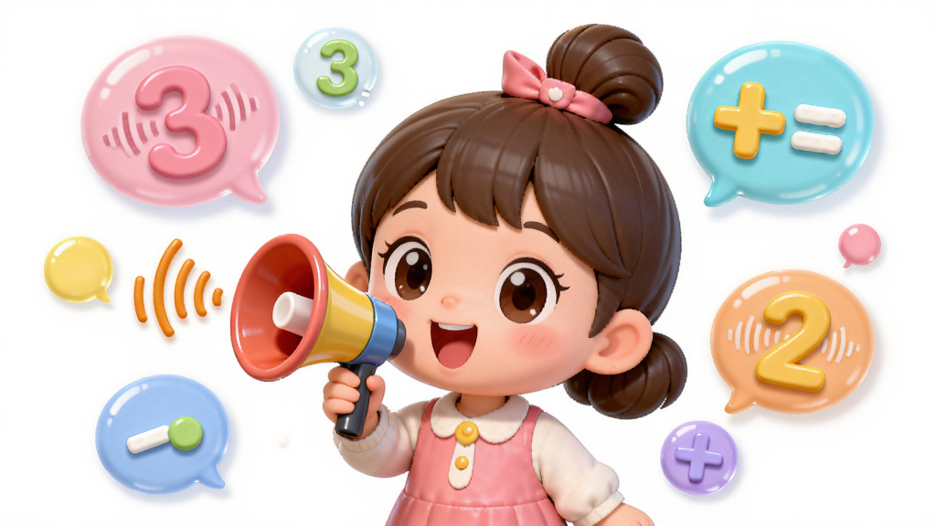 妞妞做数学语音引导功能展示,主体为卡通妞妞手持小喇叭正在说话,周围环绕着数字和加减符号气泡,布局为居中人物加四周漂浮元素,排版简洁明快,风格为可爱卡通教育风,细节包括声波纹理、彩色数字气泡、柔和光影效果,画质高清干净无多余元素