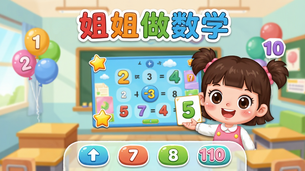 妞妞做数学软件主界面展示,主体为卡通小女孩妞妞在彩色教室里手持数字卡片,布局采用居中构图,上方为软件名称
