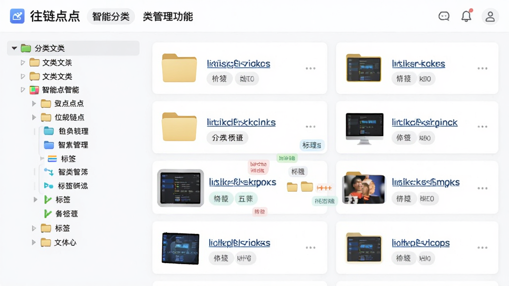 往链点点通智能分类管理功能界面,主体为分类文件夹与标签云展示,布局为左侧树形分类目录,右侧链接卡片列表,排版整齐,风格为清新浅色商务风,细节包含彩色标签、文件夹图标、链接缩略图,画质高清,干净,无多余元素