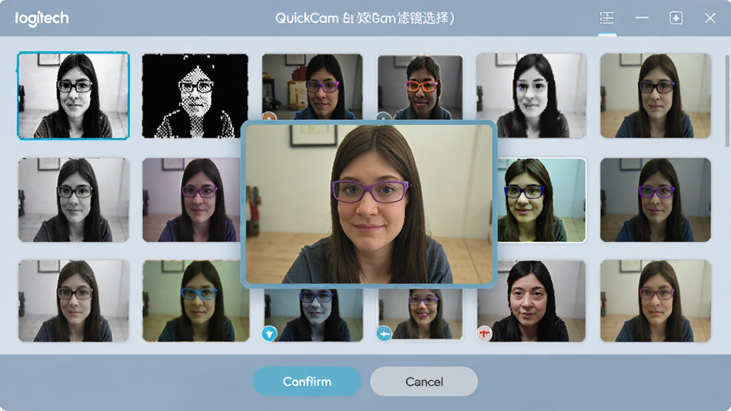 �޼�QuickCam��Ч�˾�ѡ����棬��������ʾ�������ͼԤ����ͬ�˾�Ч���������ڰ׸������ػ��ȷ�������ǵ�ǰѡ�еĲ�ɫ���棬�ײ���ȷ����ȡ����ť��������ɫ��ͣ��������룬���廭�ʣ��ɾ��޶���Ԫ��