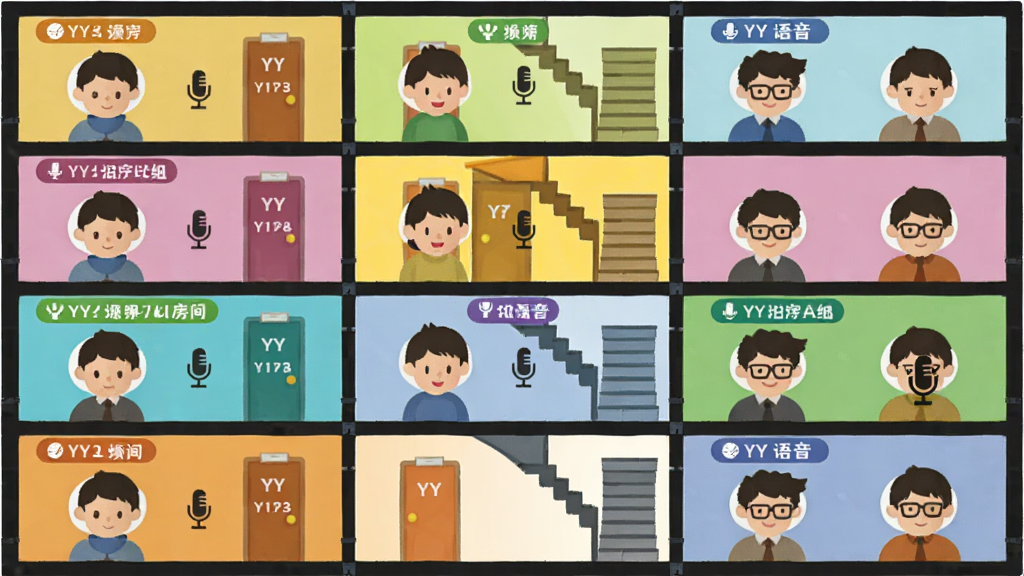 主体是一栋多层建筑剖面图,每一层代表一个YY语音频道房间,房间内有小人头像和麦克风图标,布局纵向排列,排版清晰有序,风格是卡通扁平插画,细节包括不同颜色的房间标签、门牌号、连接各层的楼梯,画质高清,干净,无多余元素