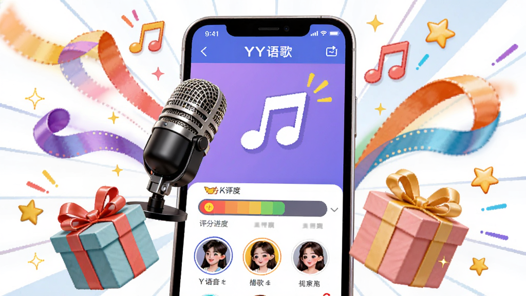 主体是YY语音K歌界面截图风格插画,画面中有麦克风、音符、礼物盒子、星星特效,布局以手机屏幕为中心向外发散,排版活泼动感,风格是年轻化潮流插画,细节包括彩色礼物飘带、评分进度条、用户头像列表,画质高清,干净,无多余元素